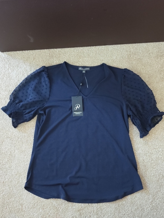 Adrianna Papell Tops - Adrianna Papell Navy Puff-Sleeve V-Neck Top